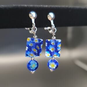 Millefiori Glass Blue Yellow Flower Drop Handmade Silver Clip On Earrings